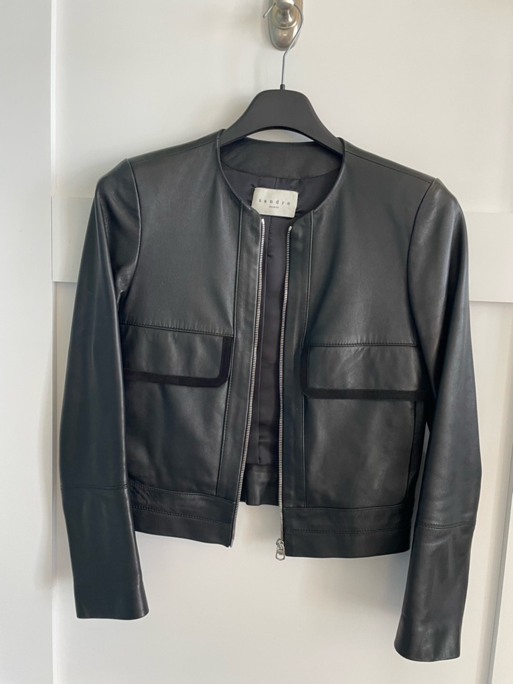 Sandro Black Collarless Leather Zip Jacket